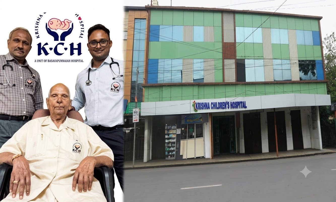Three generations of the Kondabolu family beside the earlier Krishna Children's Hospital building